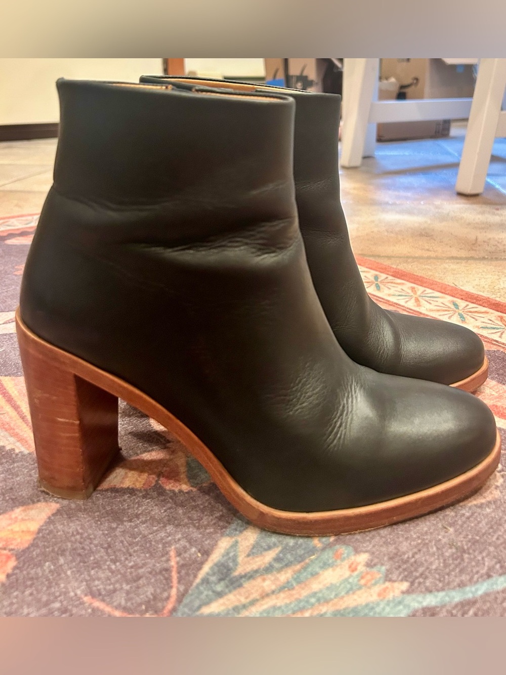 A.P.C. Black Leather Ankle Boots with Wooden Block Heel EU 38, US 7.5